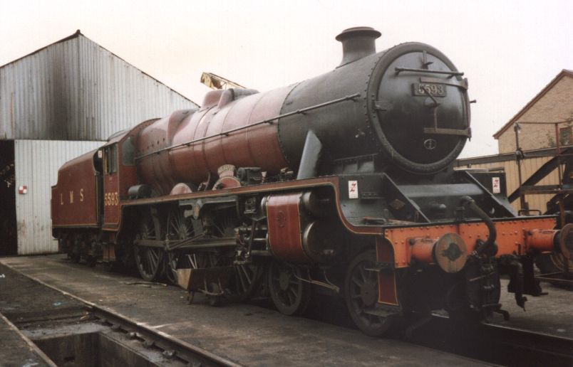 5593 Kolhapur in LMS red livery, outside Loughborough shed on Great Central Railway, 2 October 1989