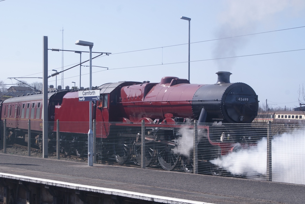 45699 Galatea reversing out of the depot onto the running line at Carnforth, 16 April 2013