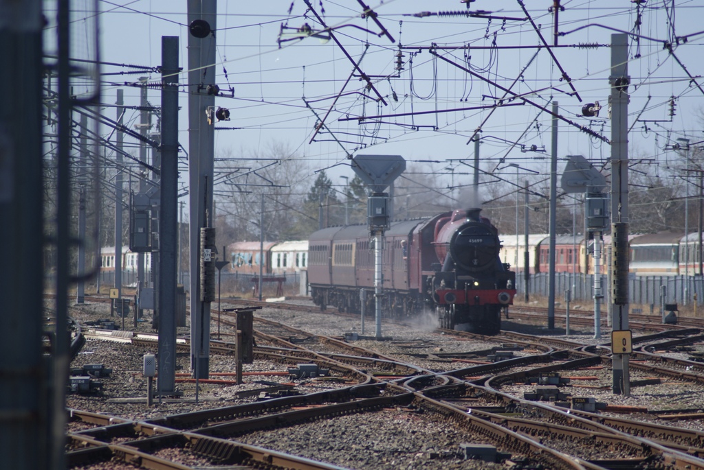 45699 Galatea awaiting the signal to start at Carnforth, 16 April 2013