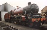 5593 Kolhapur in LMS red livery, outside Loughborough shed on Great Central Railway, 2 October 1989